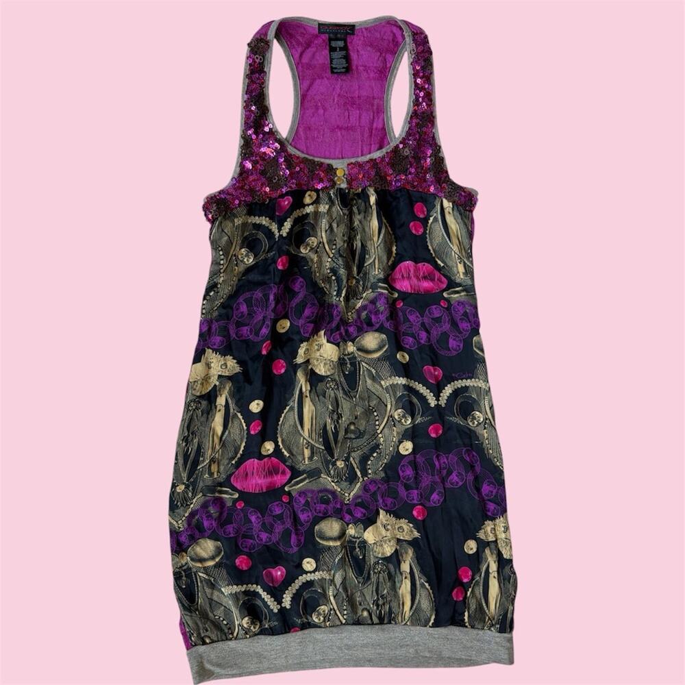 Custo Barcelona silk Y2K pink & black dress with hearts, and skulls print